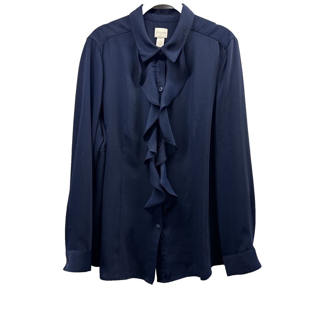 Chico's Women Navy Blue Ruffle Button Up Long Sleeve Blouse Top Size 2 L